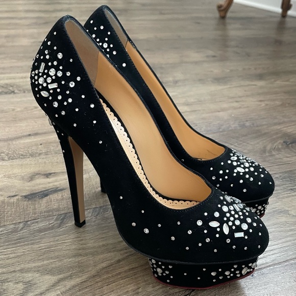 CHARLOTTE OLYMPIA Black Crystal Embellished Suede Dolly...